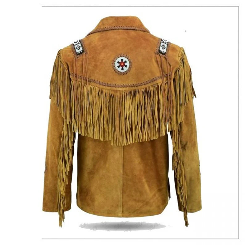 Brown Suede Leather Fringe Beaded Jacket For Women WWJ505