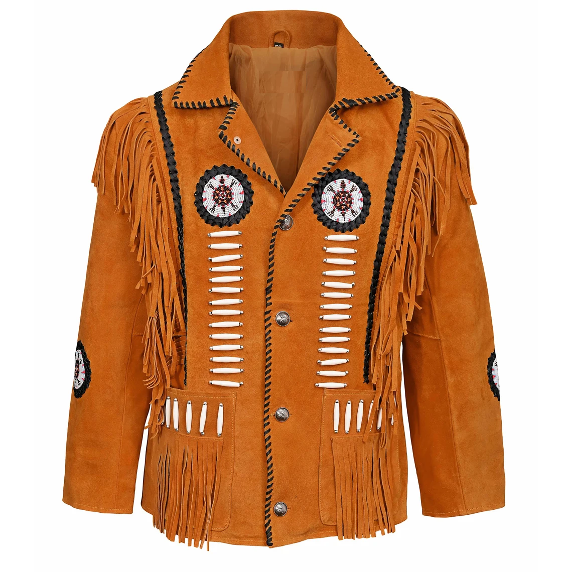 Men's Western Brown Suede Leather Fringes Beaded Jacket MW849