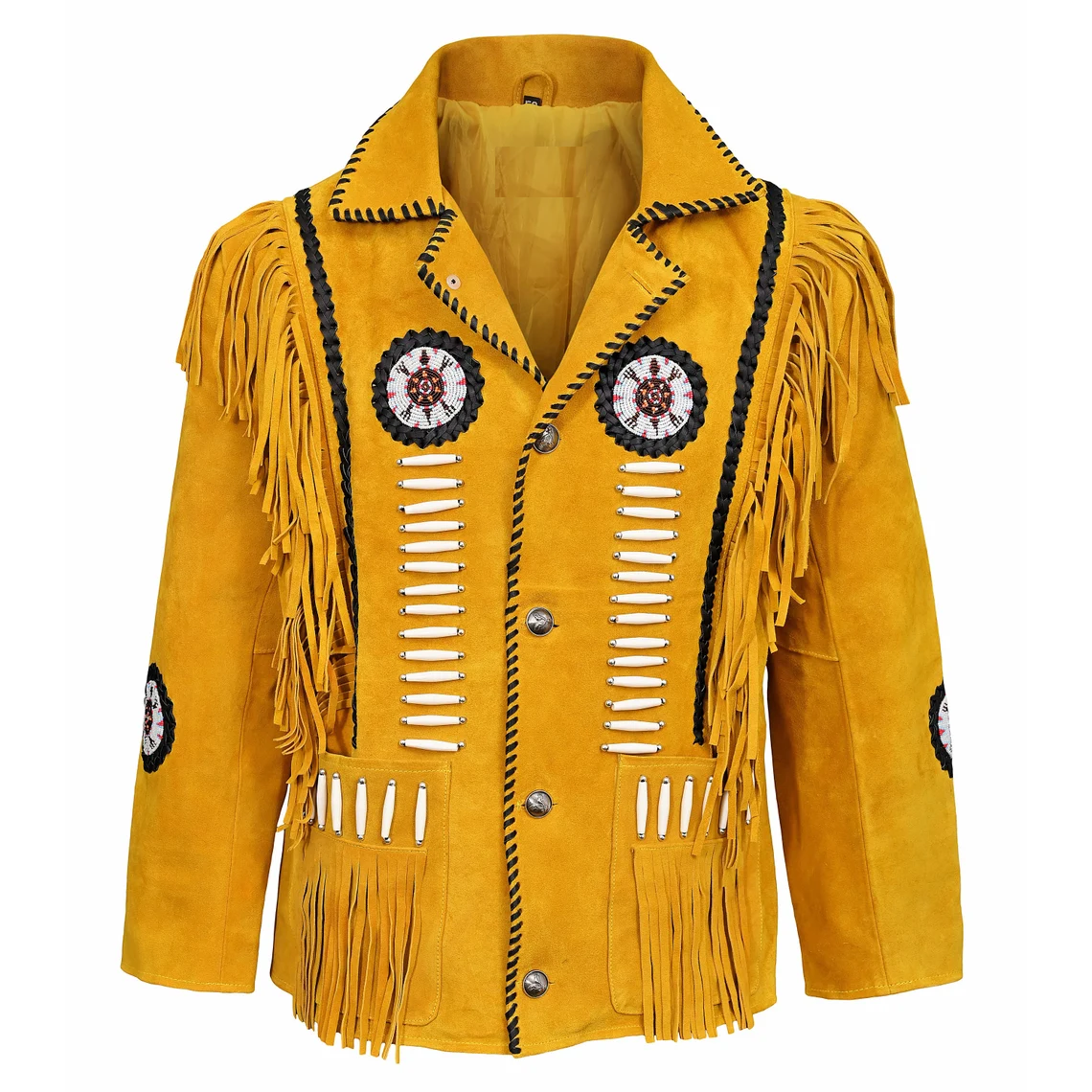 Men's Western Golden Suede Leather Fringes Beaded Jacket MW847