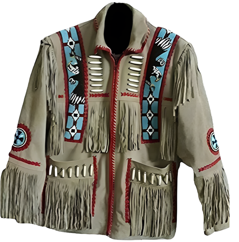 Men's Western Beige Suede Leather Fringe Eagle Beaded Jacket MWJ884