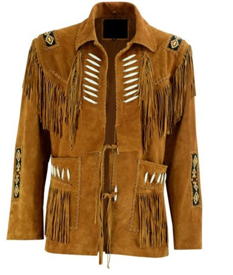 Cowgirl Brown Suede Leather Fringes Bone Bead Jacket WWJ555