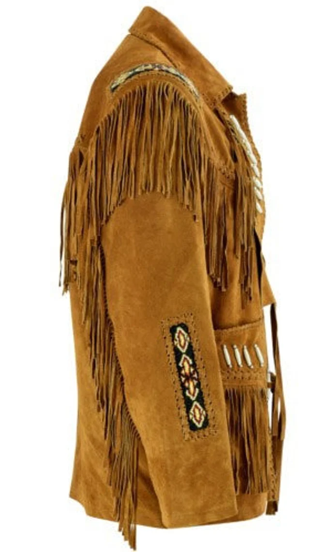 Cowgirl Brown Suede Leather Fringes Bone Bead Jacket WWJ555