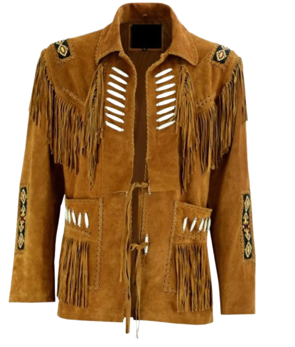 Cowgirl Brown Suede Leather Fringe Bone Beads Jacket WWJ758