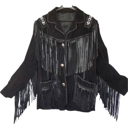 Western Cowgirl Black Suede Leather Fringe Beaded Jacket WWJ745