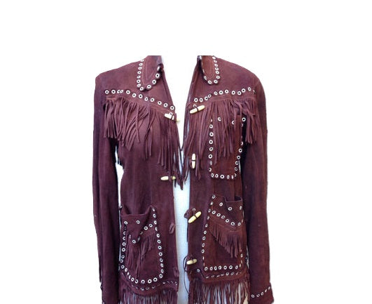 Maroon Suede Leather Fringe Studded Jacket For Women WWJ523