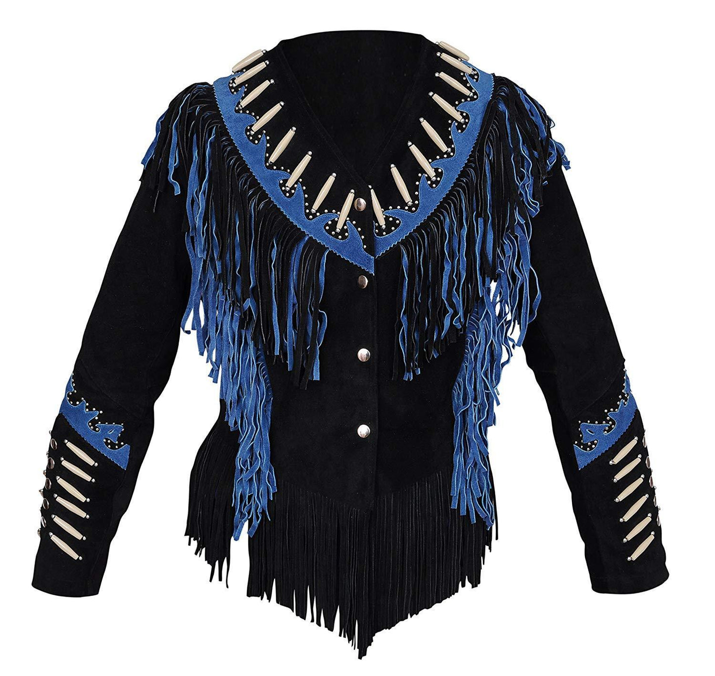 Black Suede Leather Jacket Blue Fringes For Women WWJ605