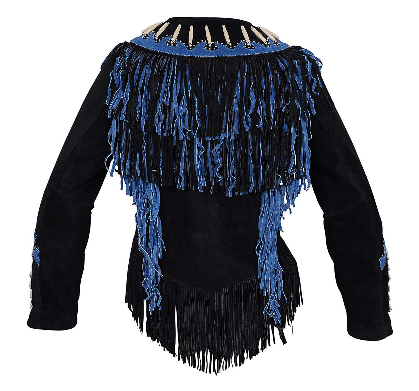 Black Suede Leather Jacket Blue Fringes For Women WWJ605