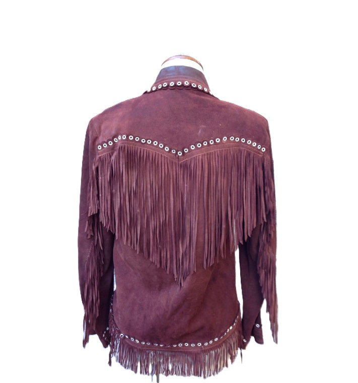 Maroon Suede Leather Fringe Studded Jacket For Women WWJ523