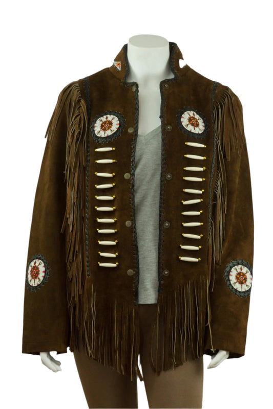 Brown Suede Leather Fringe Beaded Jacket For Women WWJ653