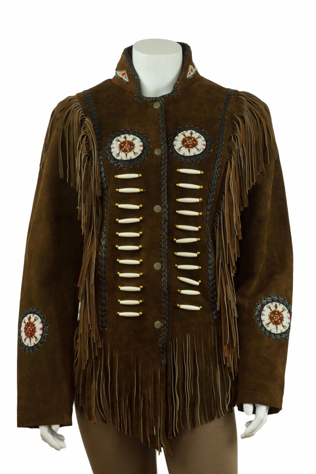 Cowgirl Brown Suede Leather Fringes Bone Beaded Jacket WWJ513