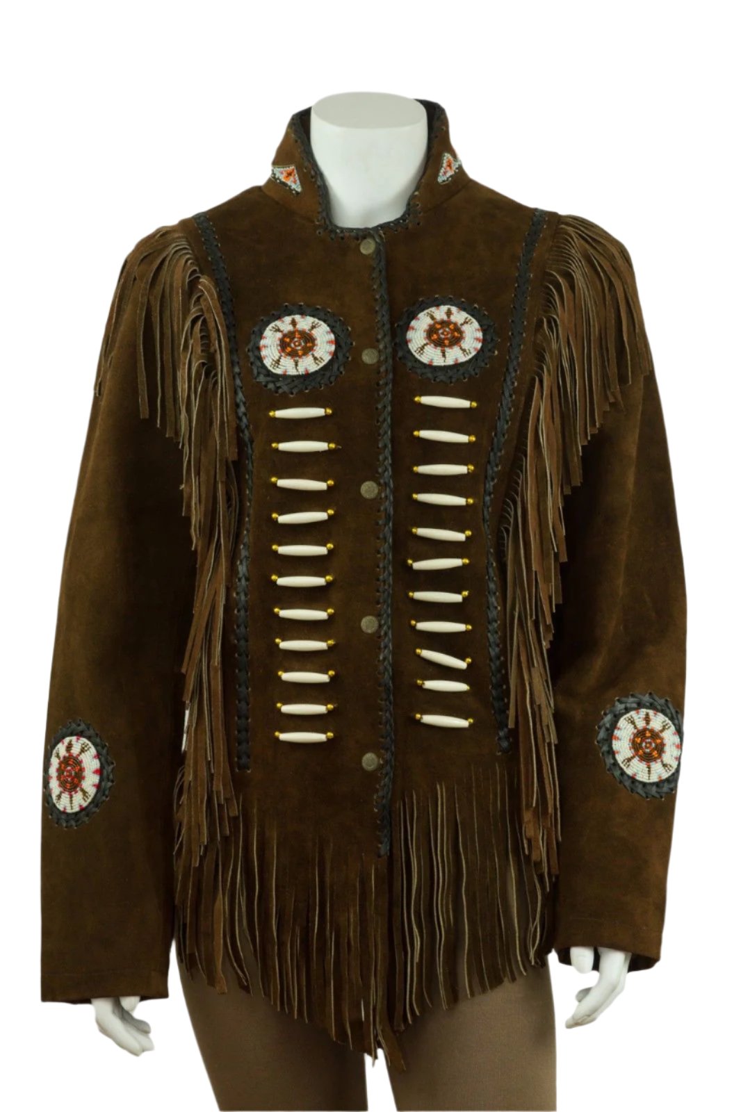 Brown Suede Leather Fringe Beaded Jacket For Women WWJ653