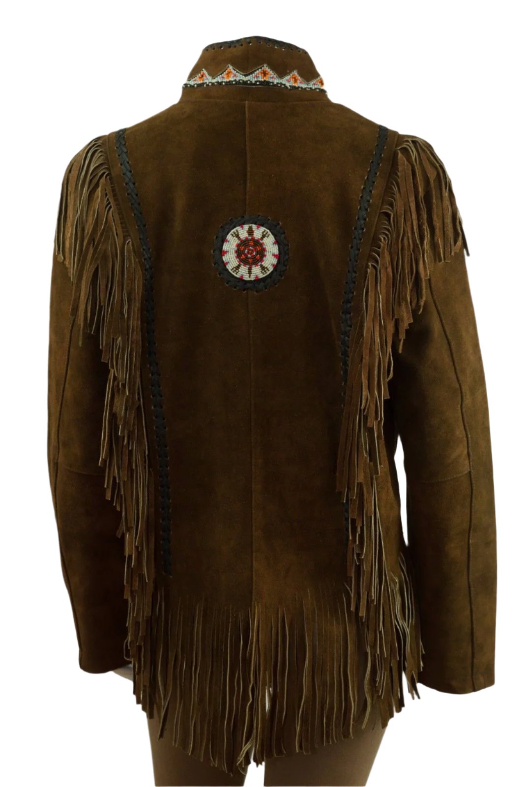 Brown Suede Leather Fringe Beaded Jacket For Women WWJ653