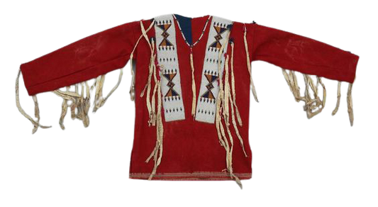 Old Style Red Buckskin Suede Hide Fringes Beaded Powwow Regalia War Shirt NA56