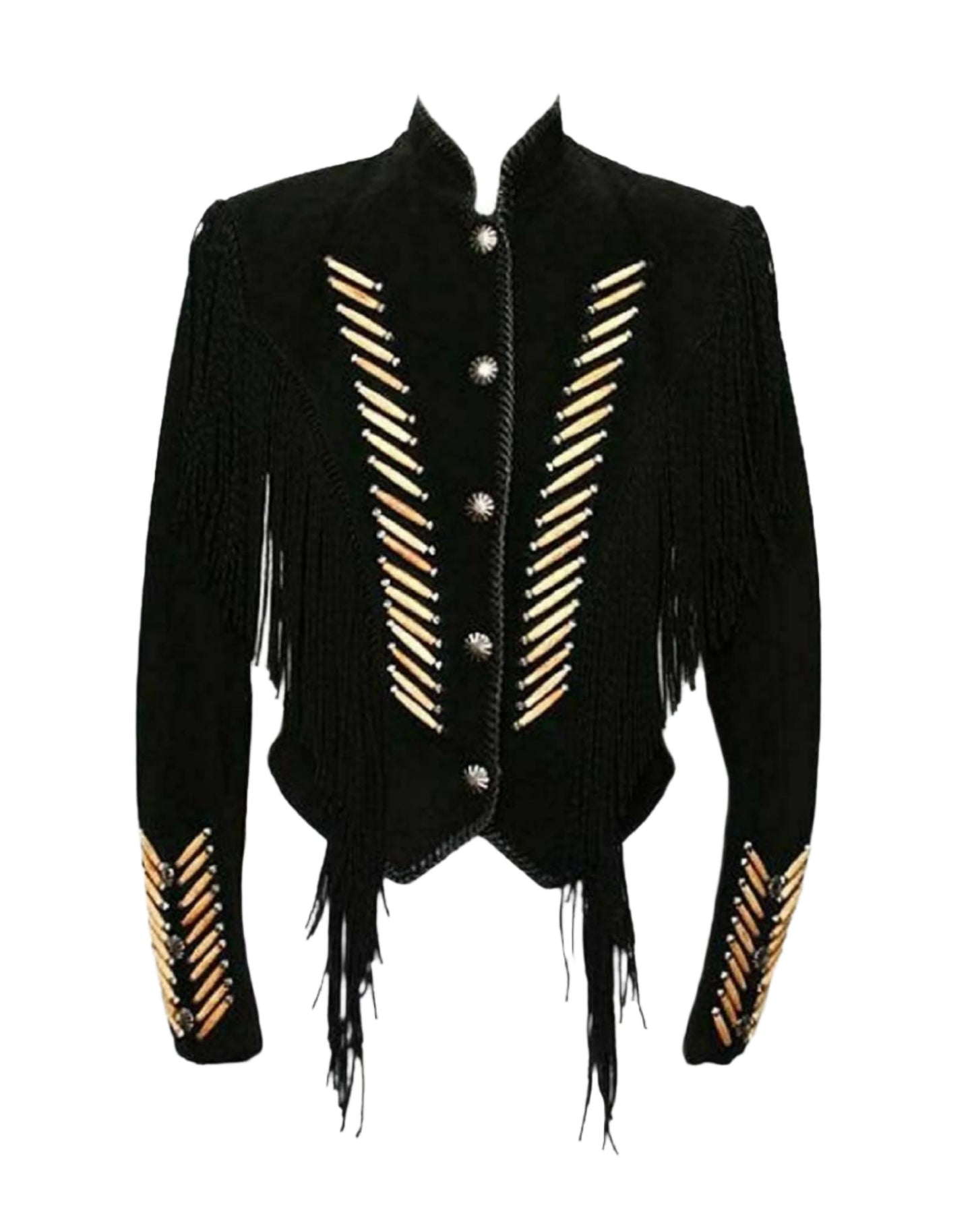 Black Suede Leather Fringe Bone work Jacket For Women WWJ746