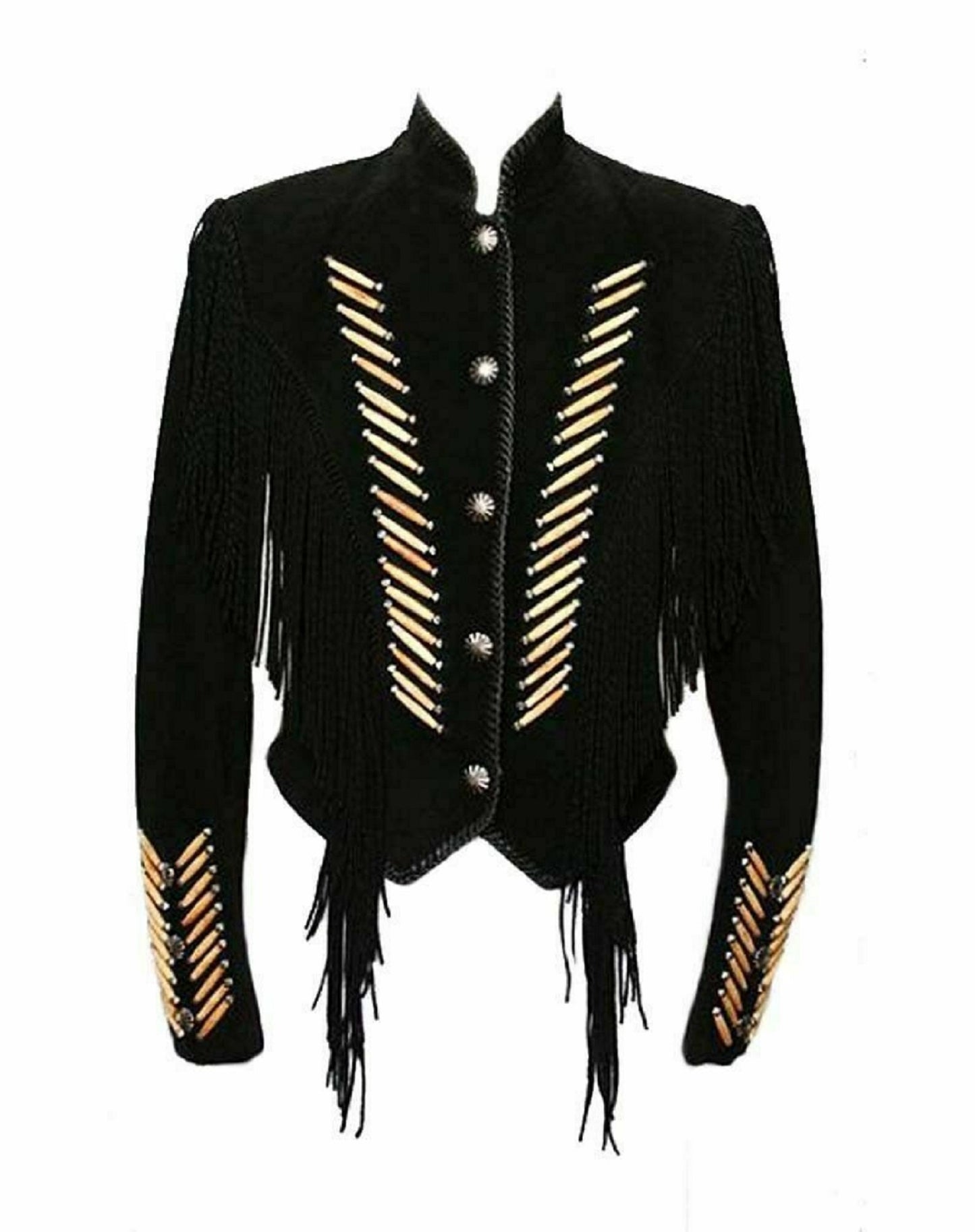 Black Suede Leather Fringe Bone work Jacket For Women WWJ746