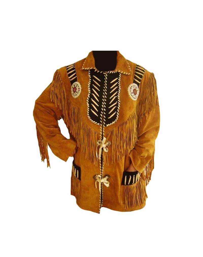 Men's Western Brown Buckskin Suede Leather Beaded Fringes Jacket MW56