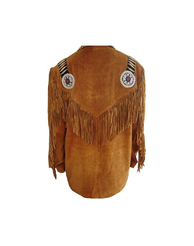 Men's Western Brown Buckskin Suede Leather Beaded Fringes Jacket MW56