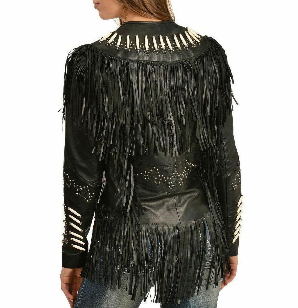 Cowgirl Black Leather Bones Fringes Jacket WWJ559