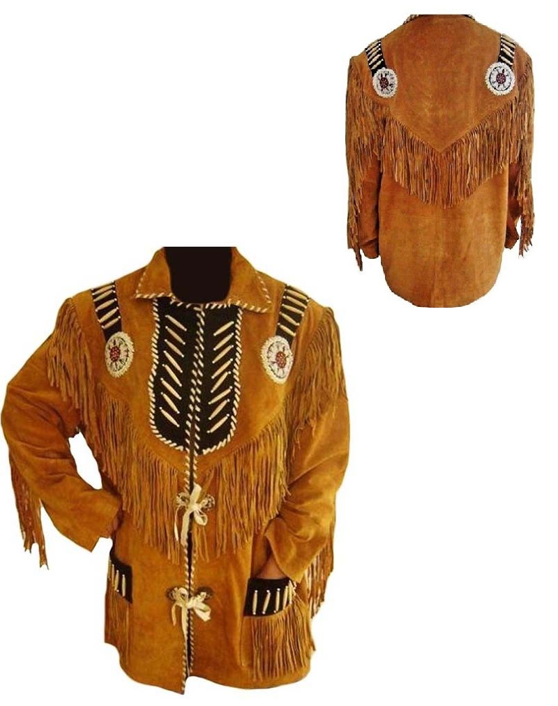 Men's Western Brown Buckskin Suede Leather Beaded Fringes Jacket MW56