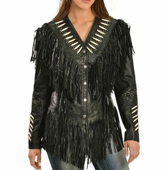 Cowgirl Black Leather Bones Fringes Jacket WWJ559