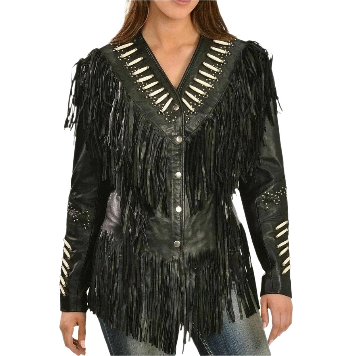 Black Leather Fringe Bone work Biker Jacket For Women WWJ747