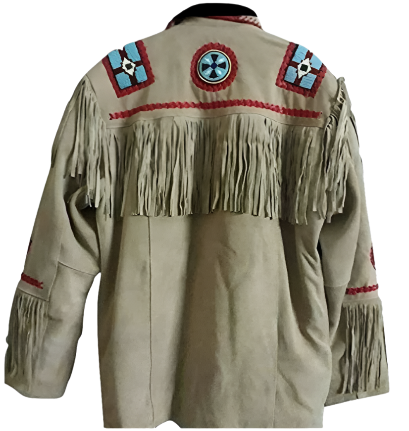 Men's Western Beige Suede Leather Fringe Eagle Beaded Jacket MWJ884