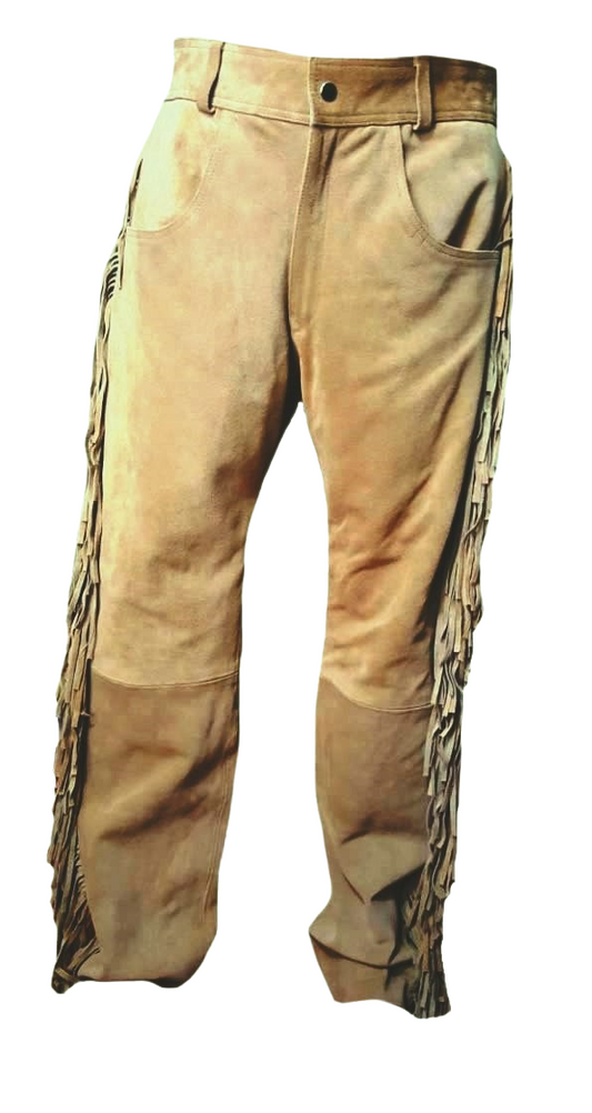 Men's New Beige Buckskin Suede Leather Western Fringes Pants BGP25