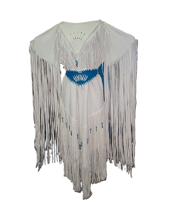 Native Women's White Leather Long Fringes Wedding Dress Powwow Regalia PWD108