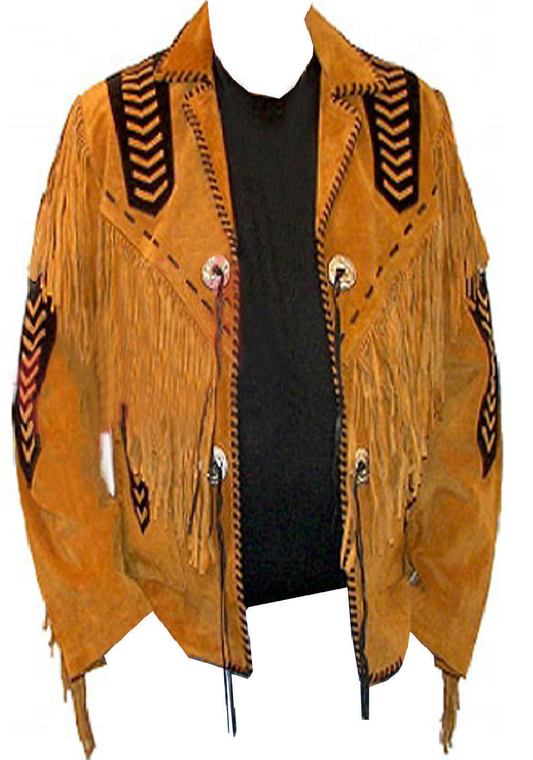 Men's Western Brown Buckskin Suede Leather Beaded Fringes Jacket MW60