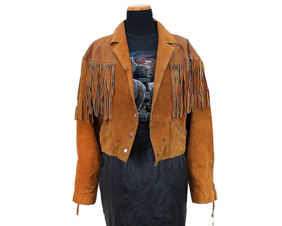 Brown Suede Leather Fringe Short Body Jacket For Women WWJ621