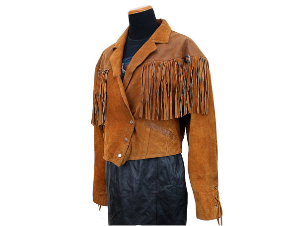 Brown Suede Leather Fringe Short Body Jacket For Women WWJ621