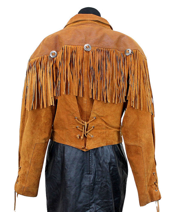 Brown Suede Leather Fringe Short Body Jacket For Women WWJ621