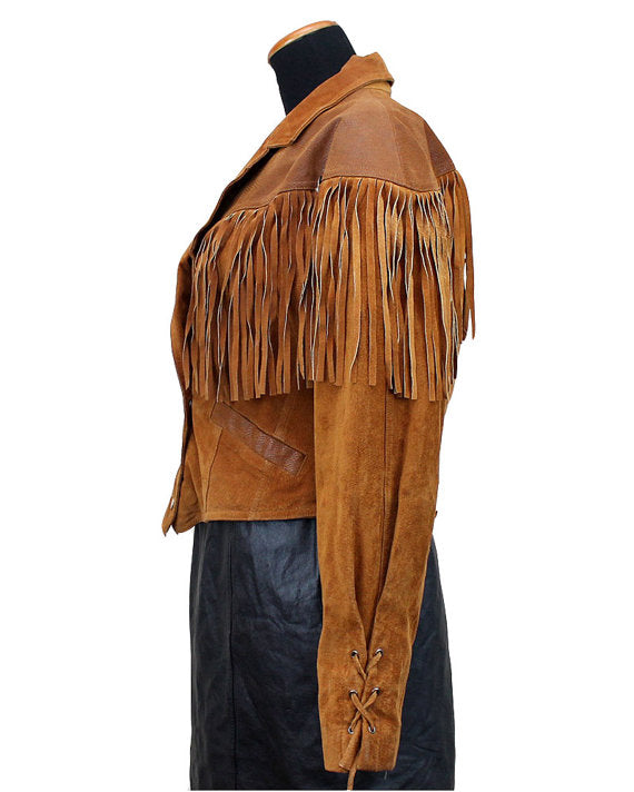 Brown Suede Leather Fringe Short Body Jacket For Women WWJ621