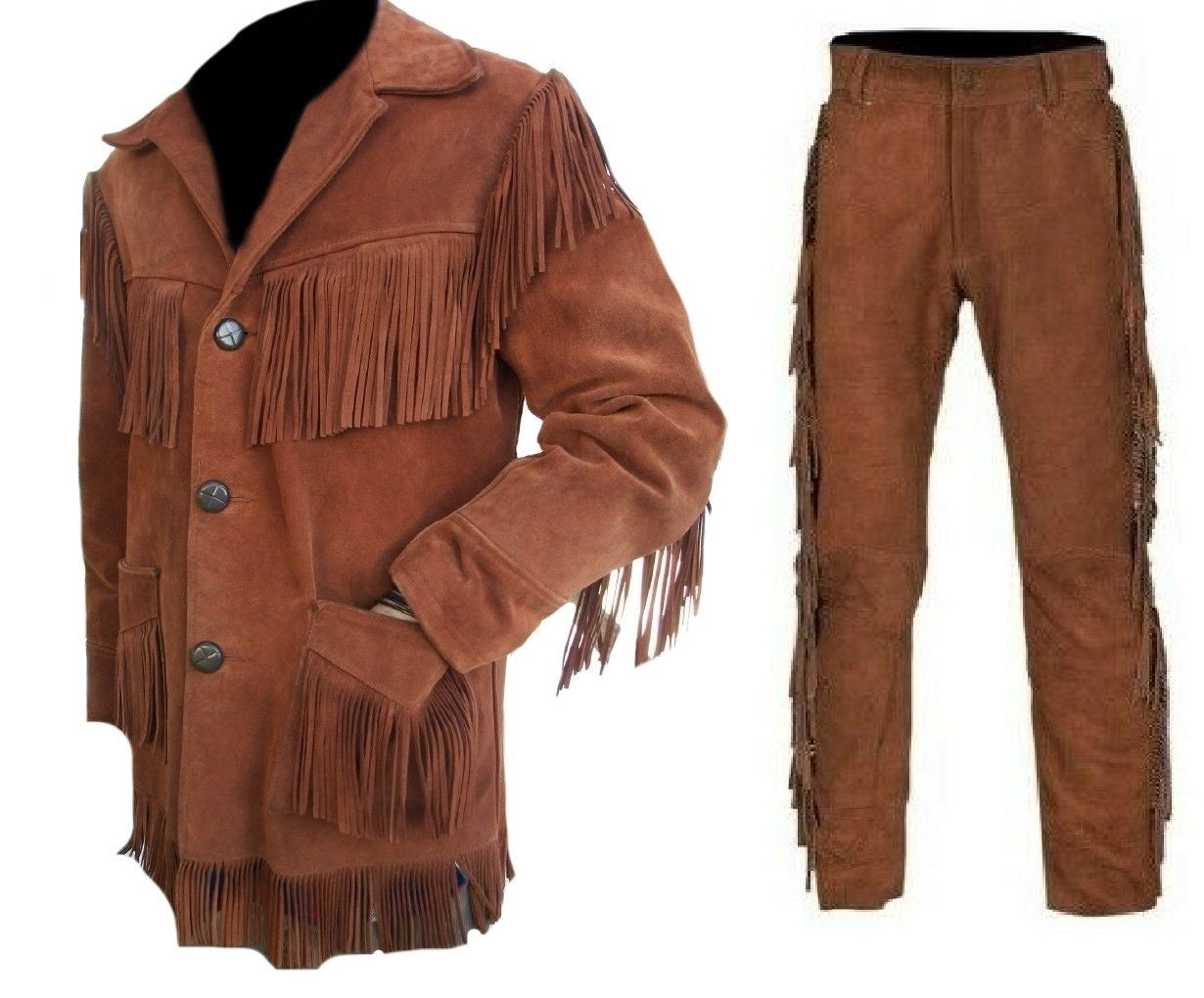 Western Brown Suede Leather Fringes Suits Jacket & Pant WJP114