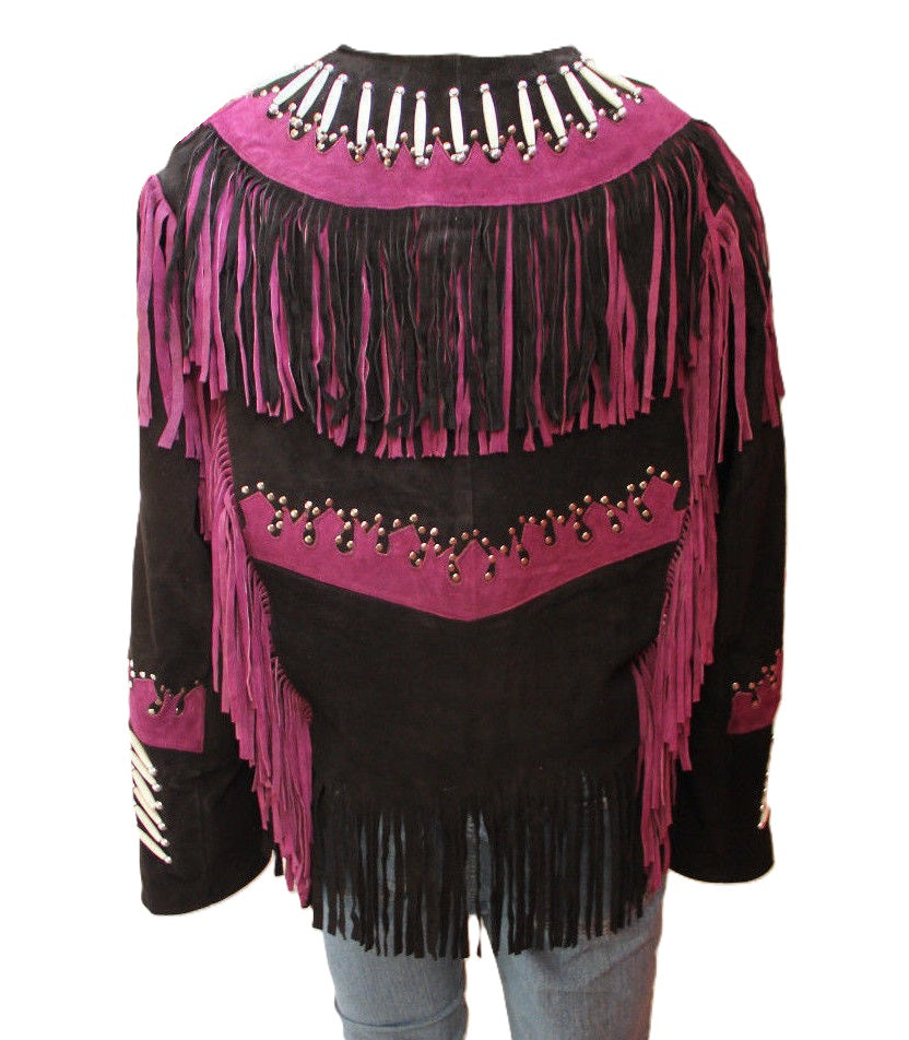 Black Suede Leather Black & Pink Fringes For Women WWJ604