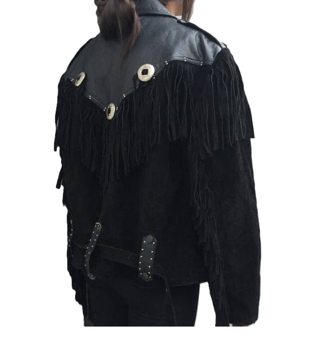 Black Leather Fringe Biker Jacket For Women WWJ522