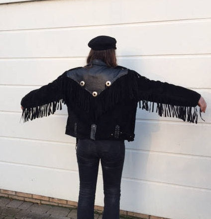 Black Leather Fringe Biker Jacket For Women WWJ522