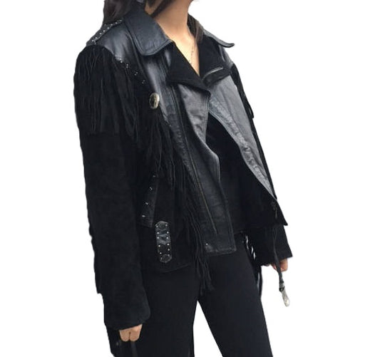 Black Leather Fringe Biker Jacket For Women WWJ522