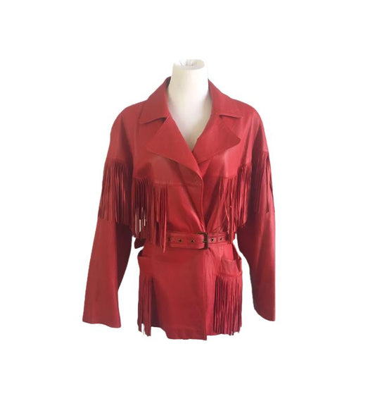 Western Red Leather Fringe Jacket Coat with Belt WWJ583