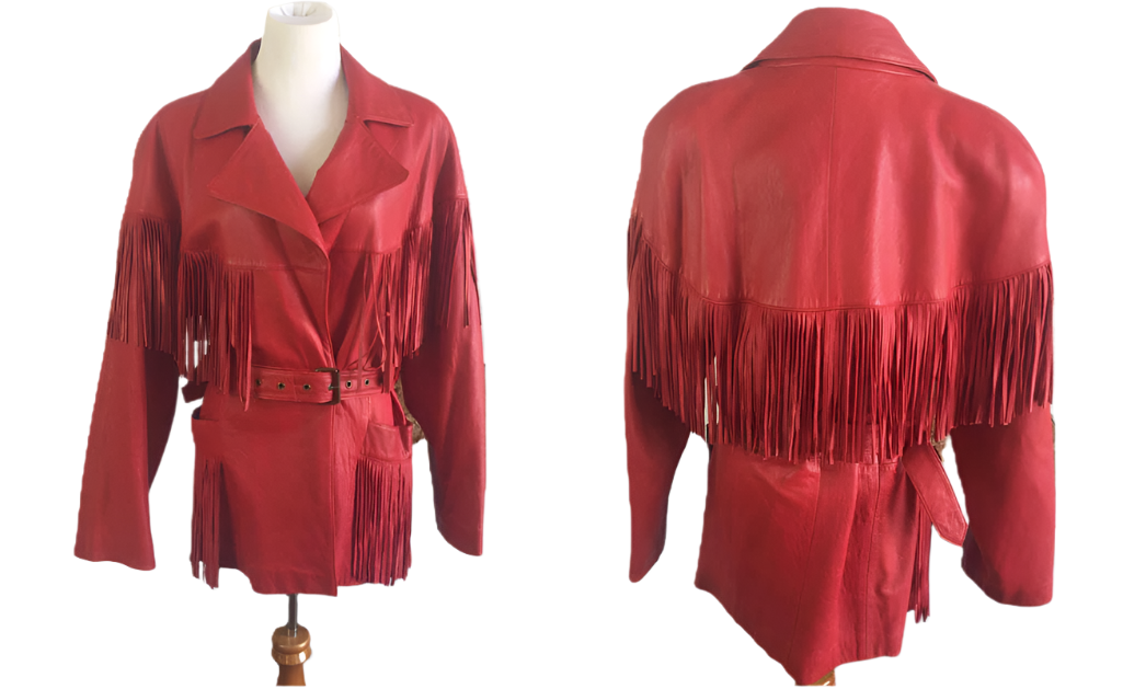 Western Red Leather Fringe Jacket Coat with Belt WWJ583