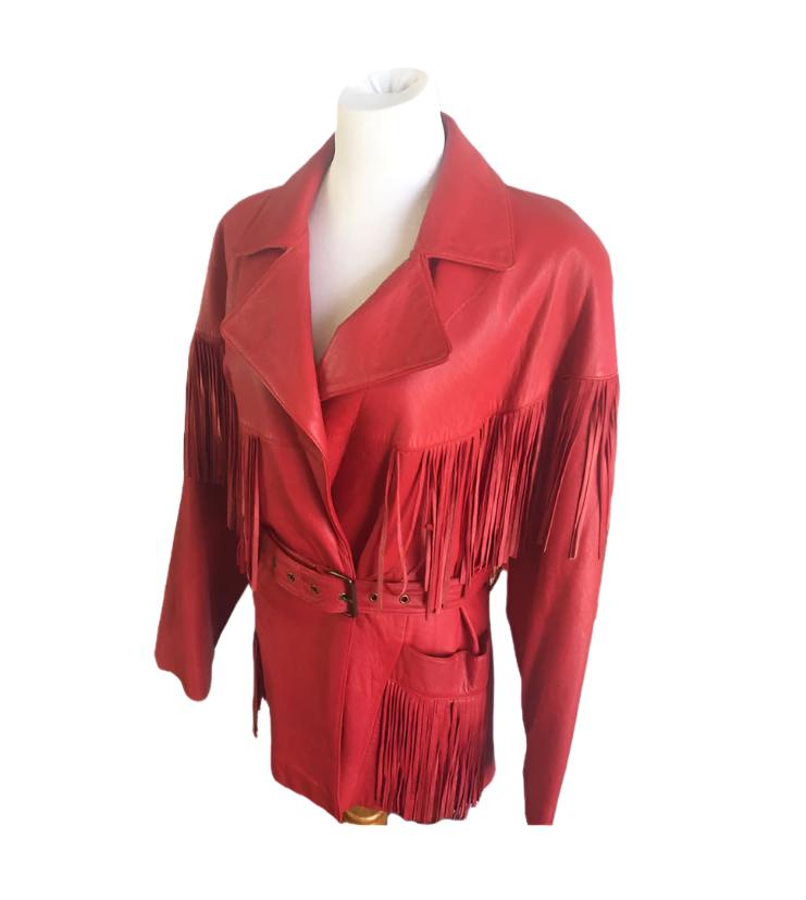 Western Red Leather Fringe Jacket Coat with Belt WWJ583