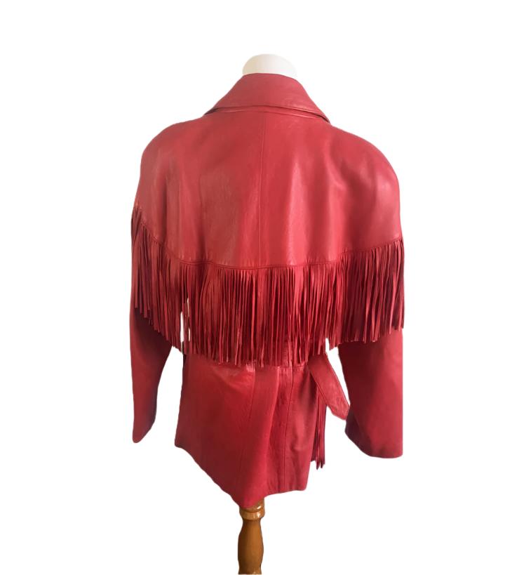 Western Red Leather Fringe Jacket Coat with Belt WWJ583