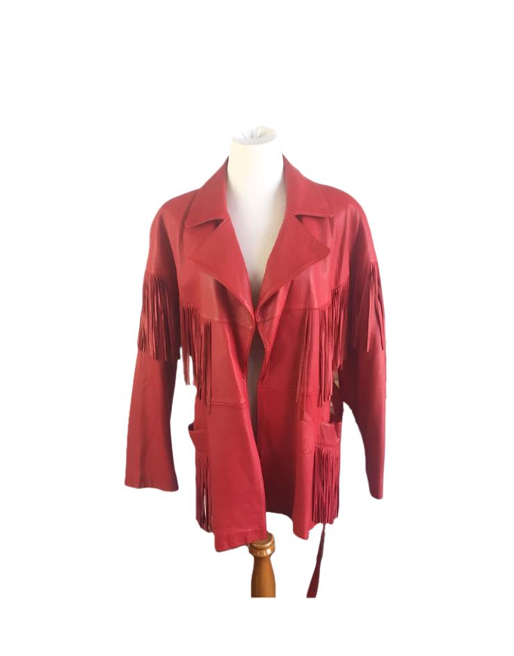 Western Red Leather Fringe Jacket Coat with Belt WWJ583