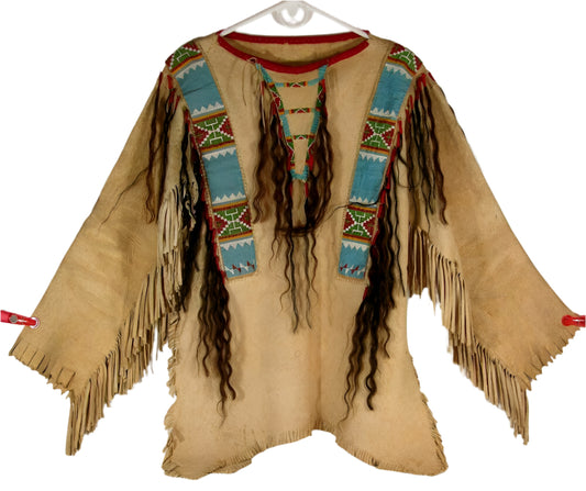 Beige Buckskin Leather Old Native American Style Beaded Powwow War Shirt PWNS651