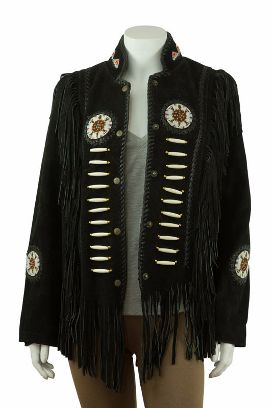 Black Suede Leather Fringe Beaded Jacket For Women WWJ655