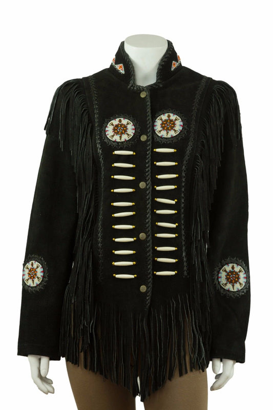 Black Suede Leather Fringe Beaded Jacket For Women WWJ552