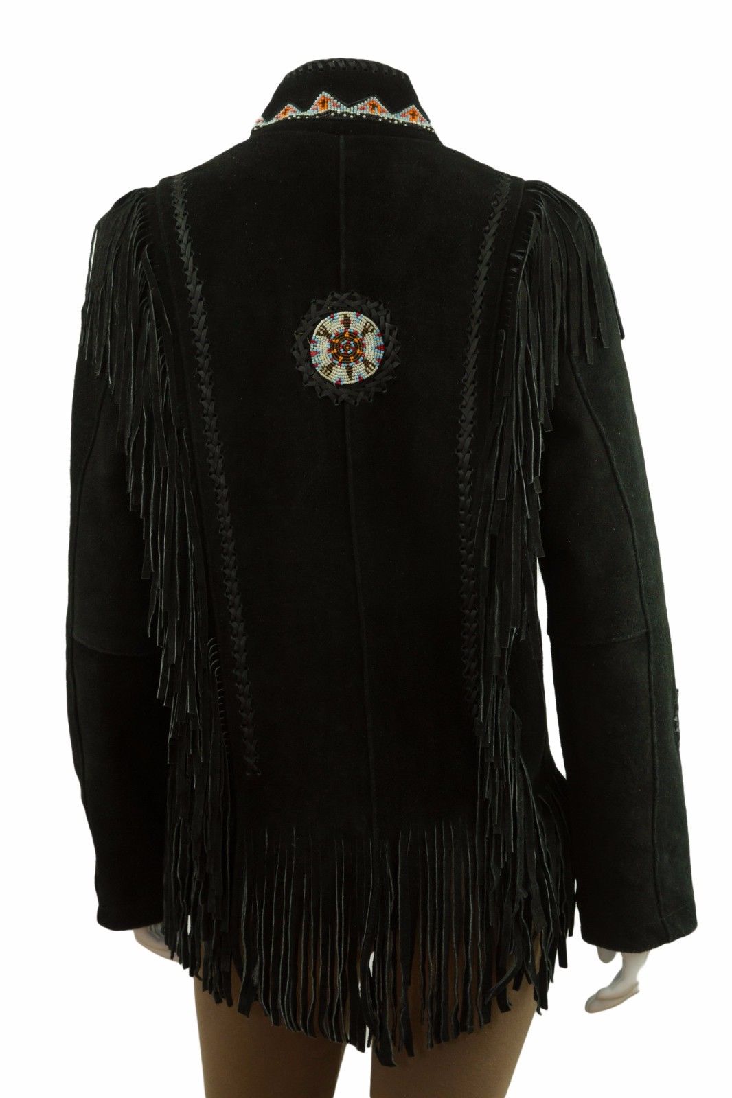 Black Suede Leather Fringe Beaded Jacket For Women WWJ552