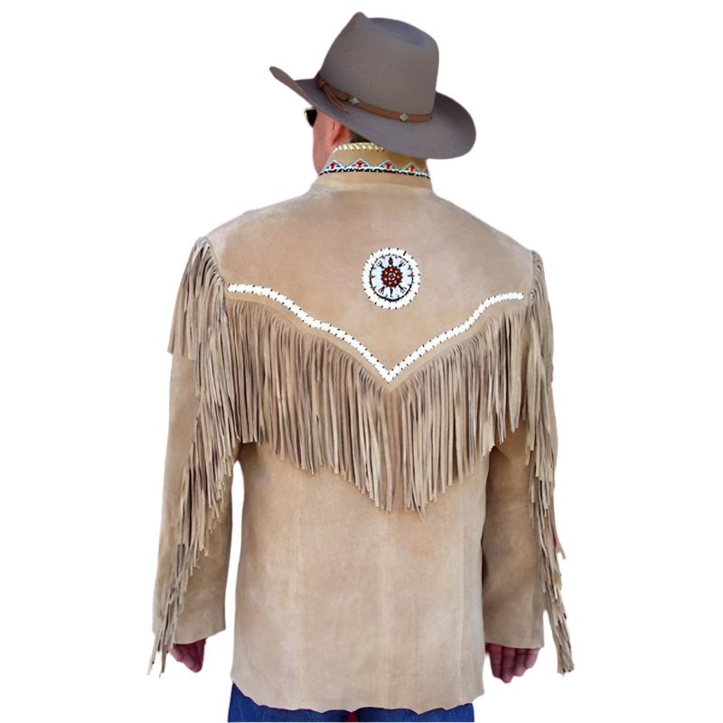 Men's Western Beige Suede Leather Fringes Beaded Jacket MWJ879