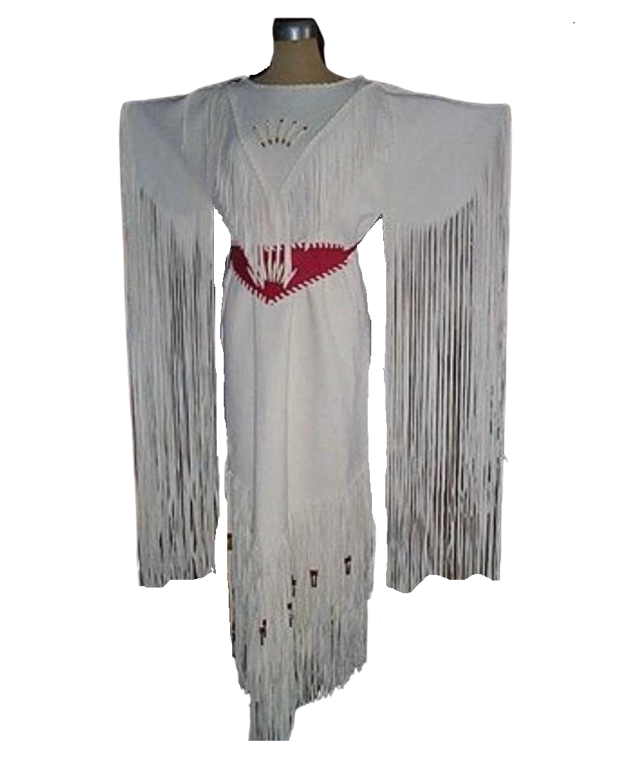 Native Women's White Leather Long Fringes Wedding Dress Powwow Regalia PWD109