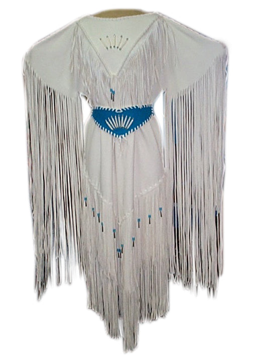 Native Women's White Leather Long Fringes Wedding Dress Powwow Regalia PWD108